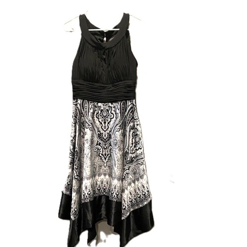 Melrose Black White Paisley Handkerchief Hem Midi Dress Women’s 14